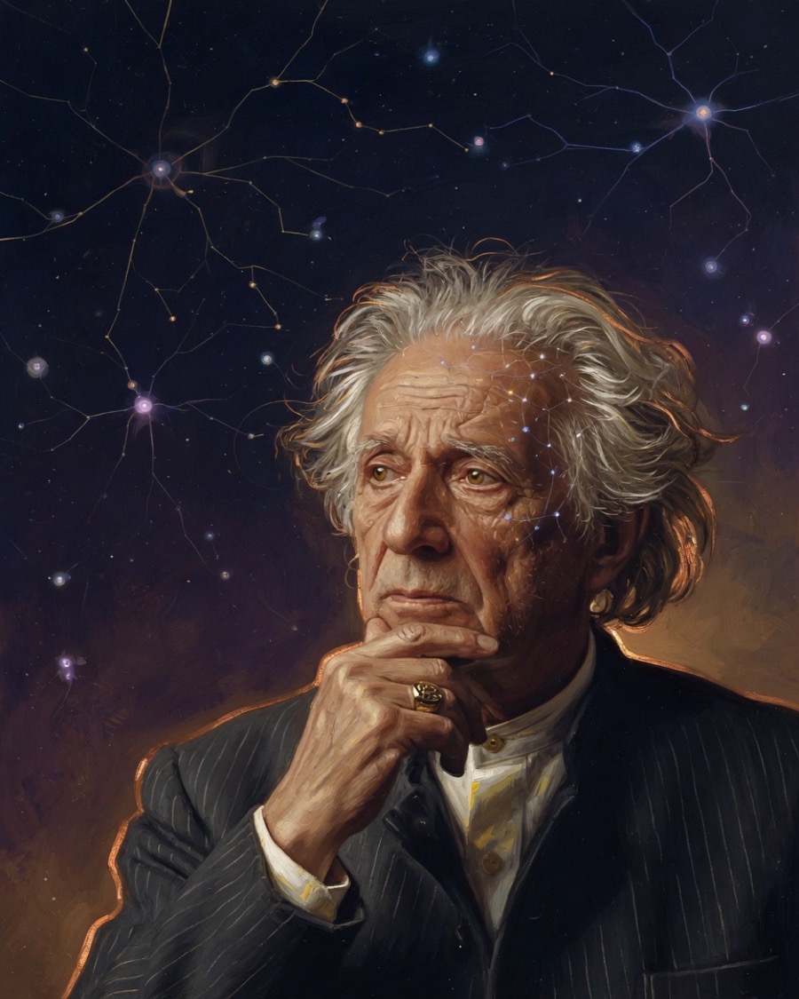 AI-generated Odyssey portrait illustration for Geoffrey Hinton (not a photograph)