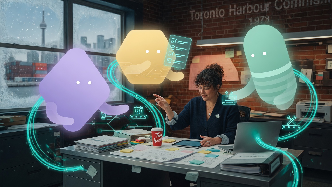Abstract AI agent coworkers connected by light paths in a Canadian office