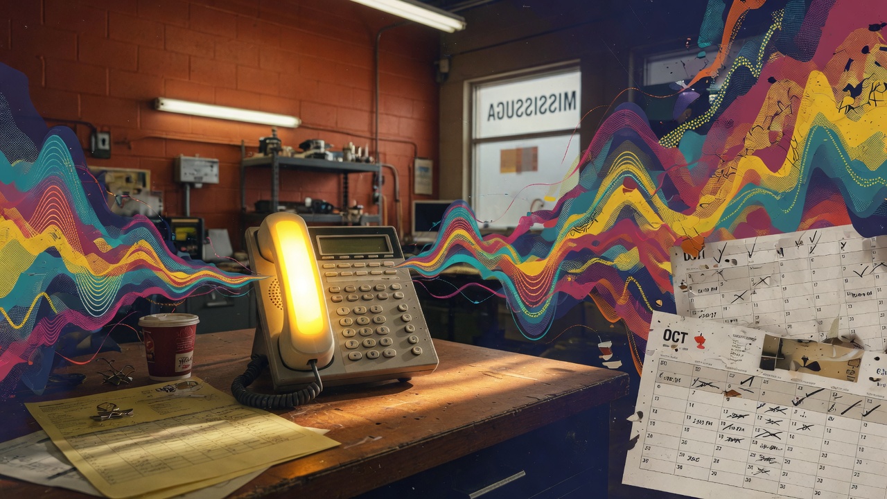 Trade office phone transforming missed calls into booked appointments with abstract AI waves