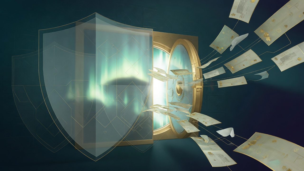 Editorial secure vault of light representing AI security and compliance for Canadian business