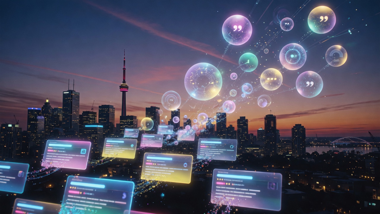 Abstract search results transforming into AI citation orbs over a Canadian skyline