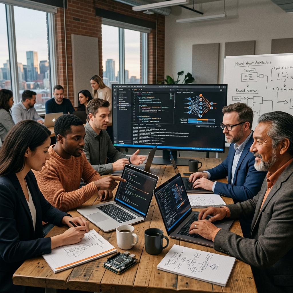 AI training cohort visual with automation and coding workspace