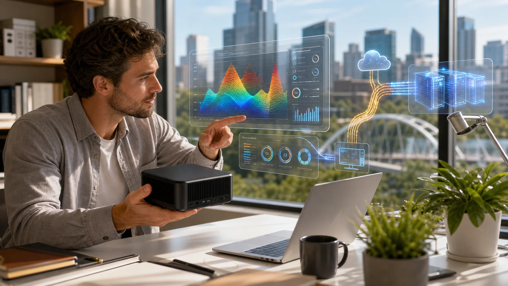Bright office scene with a compact local AI workstation running private model dashboards