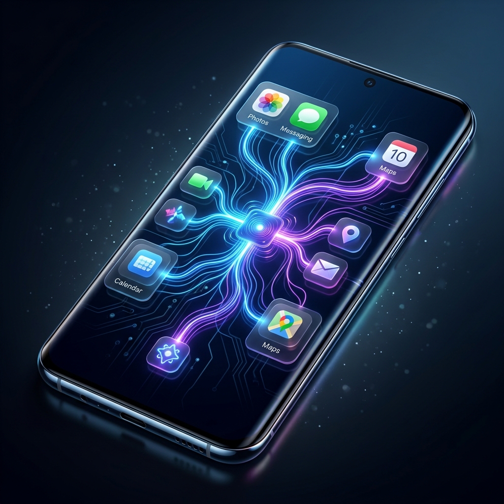 Illustration of Android AI agents connecting mobile apps and local device tools