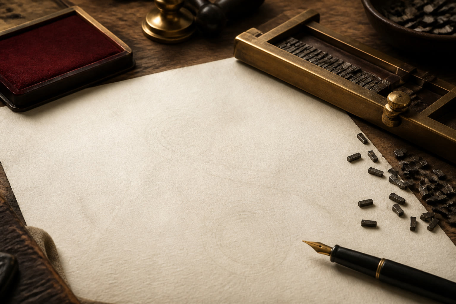 Editorial still life of cream paper, metal type, and a crimson ink pad on a walnut news desk