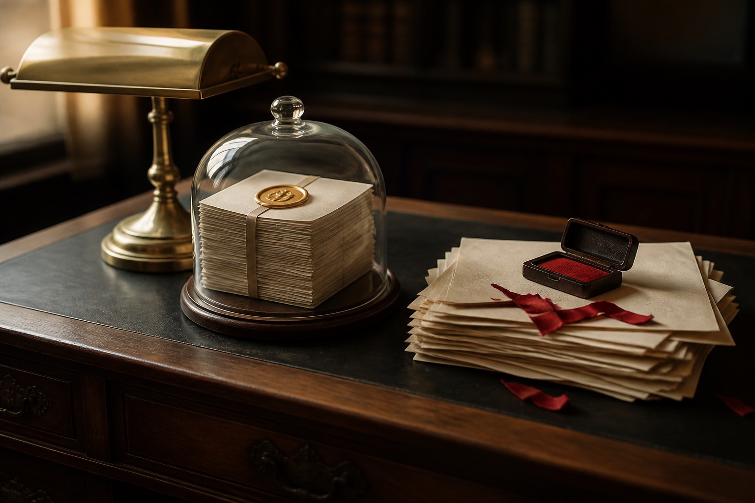Editorial still life of sealed papers under glass beside an open commercial stack on a walnut news desk