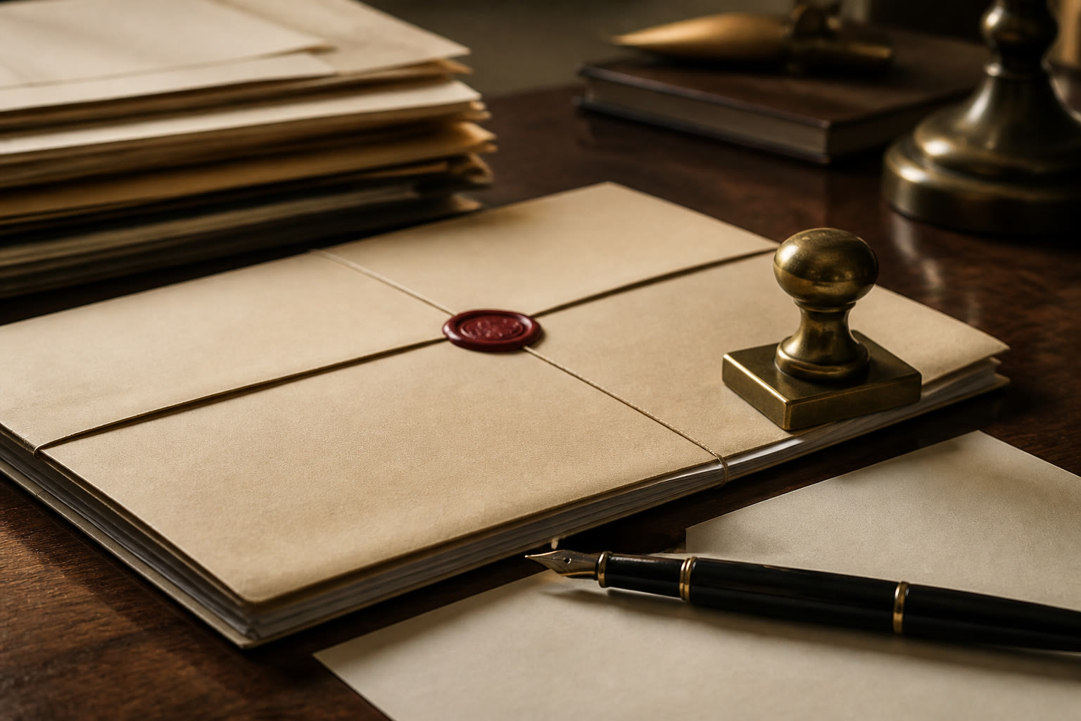 Editorial still life of a sealed manila court folder, red wax seal, and fountain pen on a walnut news desk