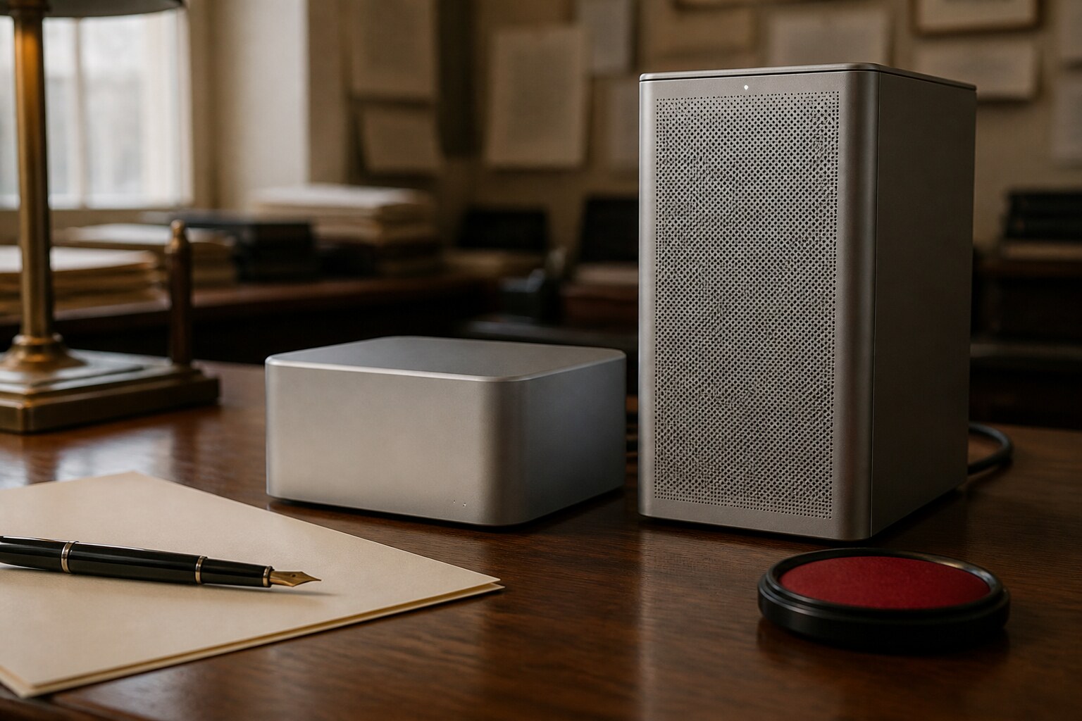 Editorial still life of a compact silver desktop and a taller silver studio box on a walnut news desk