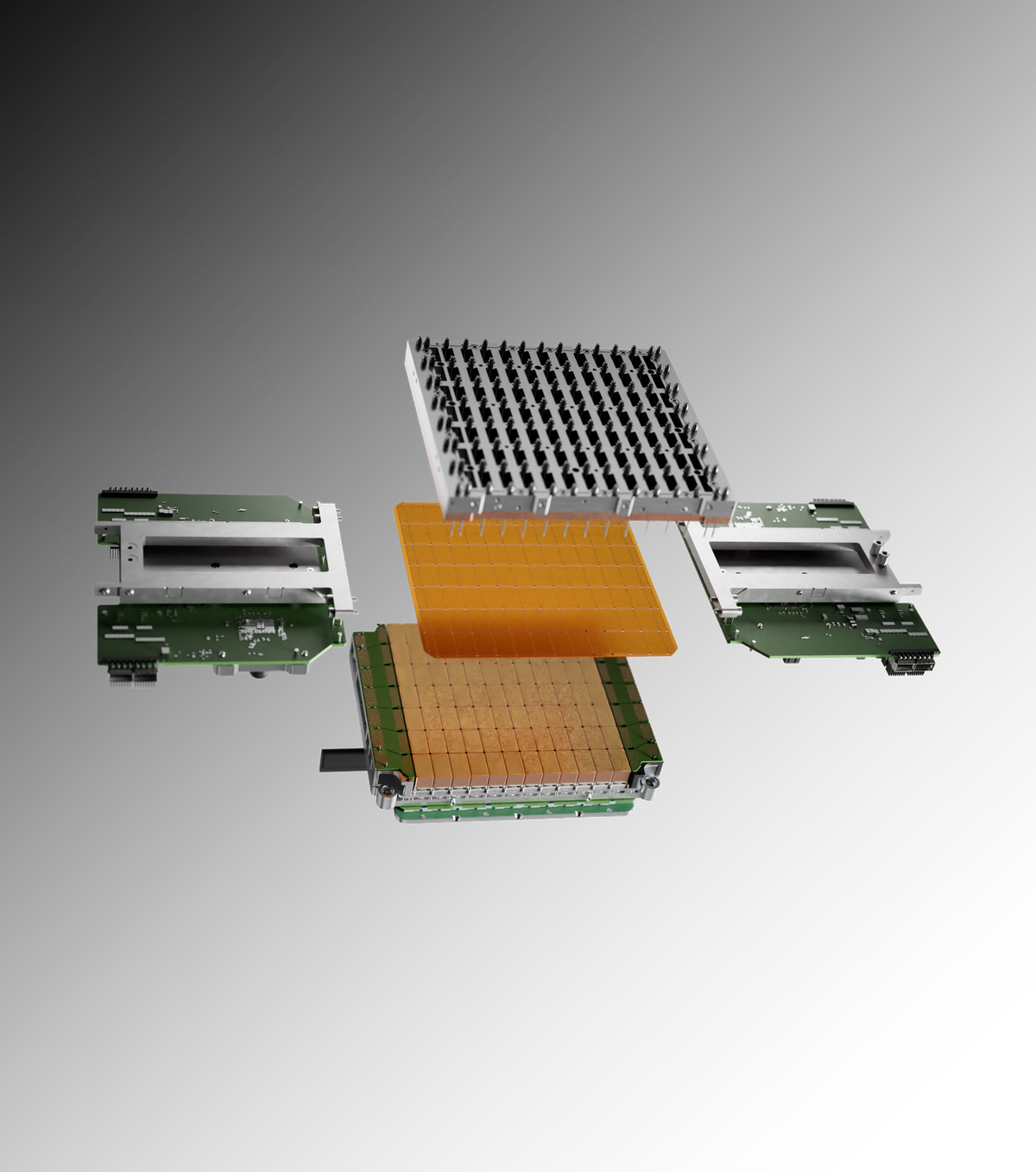 Exploded official view of a Cerebras wafer-scale backpack: cooler, wafer, boards, and base.
