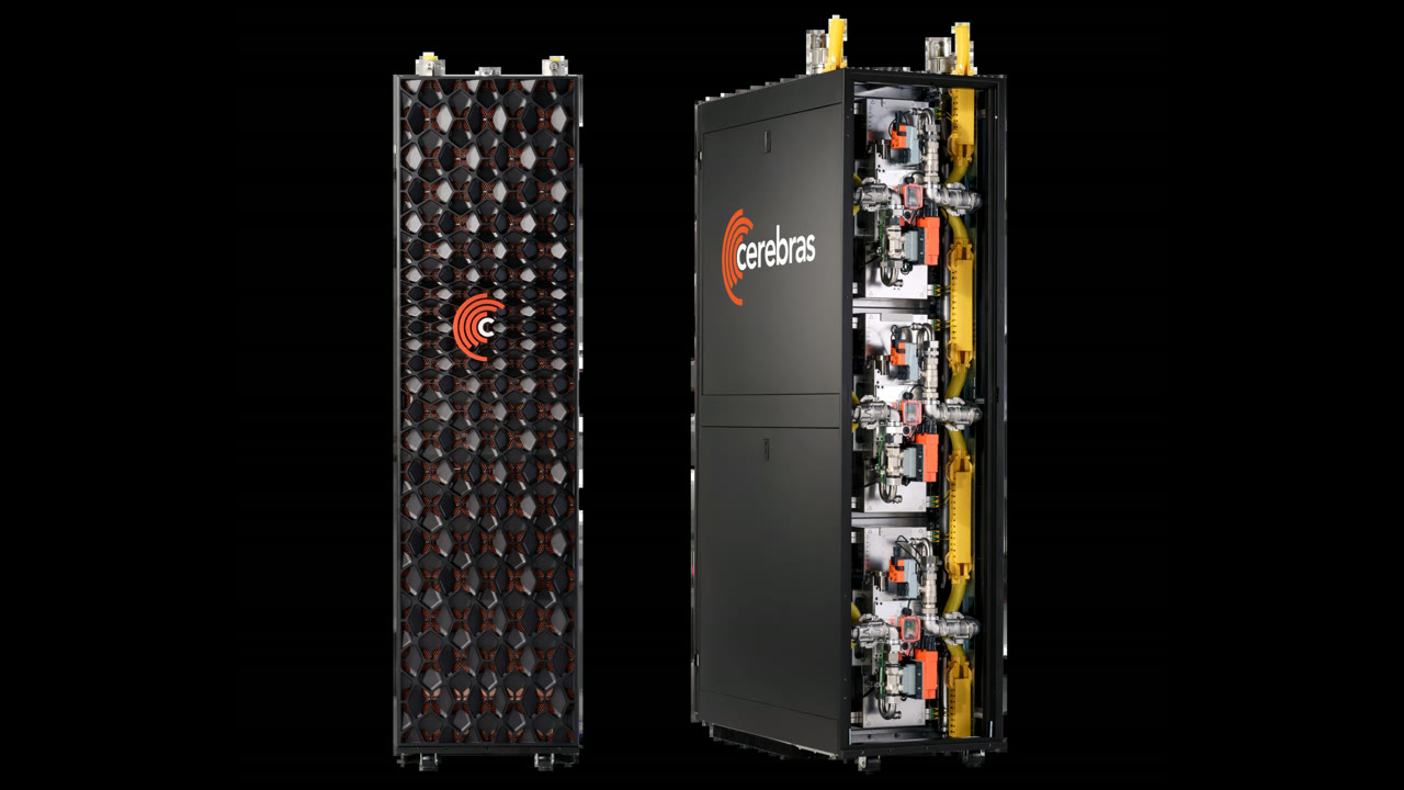 Official Cerebras CS-4 rack. Front honeycomb panel and open cooling stack.