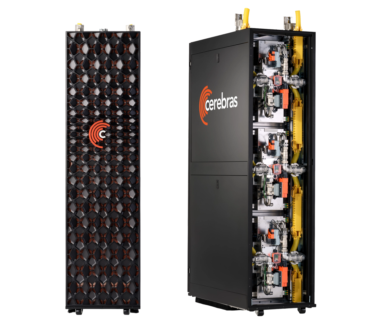 Official Cerebras CS-4 rack, front honeycomb panel and open cooling plumbing.