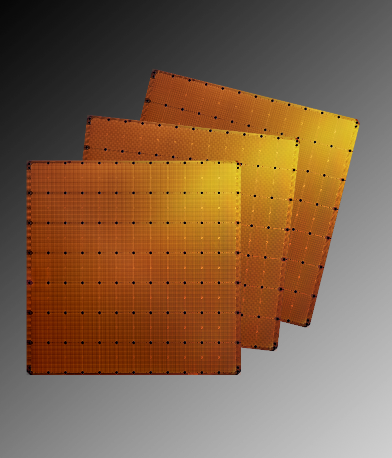 Official render of three Cerebras Wafer Scale Engine 3 Turbo wafers.
