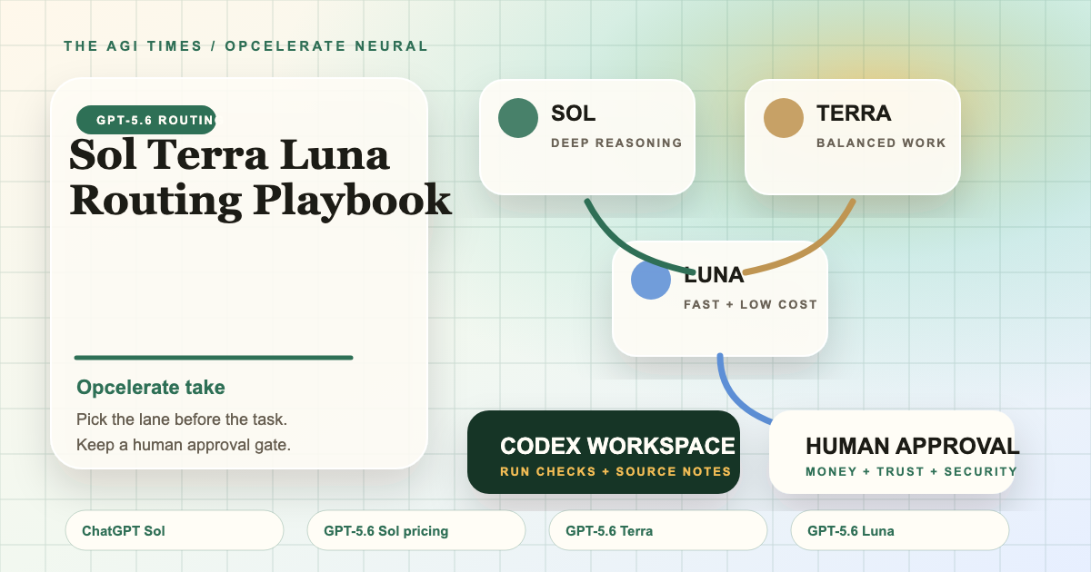 Bright AGI Times editorial image showing Sol, Terra, and Luna model lanes routing through Codex, source notes, pricing, and a human approval gate.