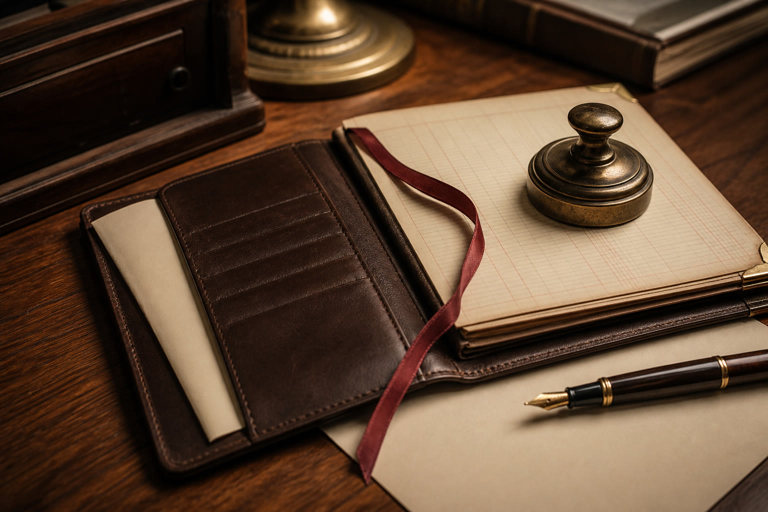 Editorial still life of a leather invoice folio, brass stamp, and fountain pen on a walnut news desk