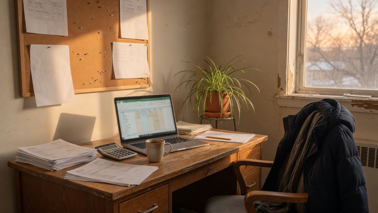 Small-business office desk with invoices, a calculator, and a laptop. No logos.