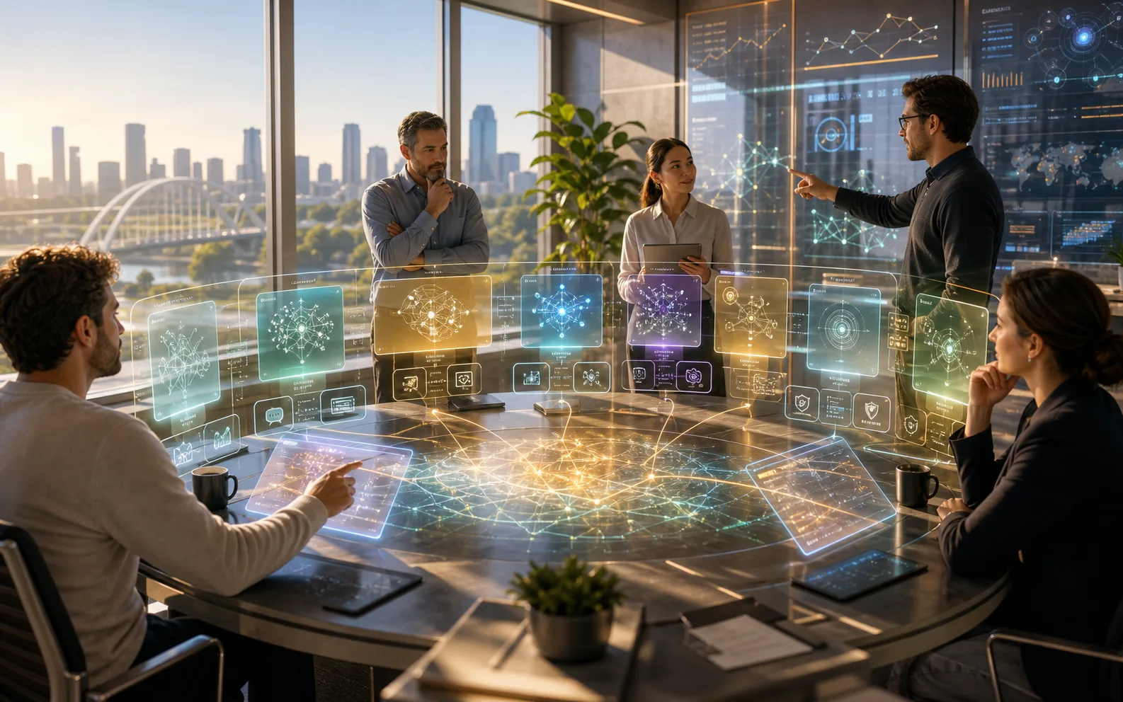 Bright newsroom command room with floating agentic AI model workflow panels