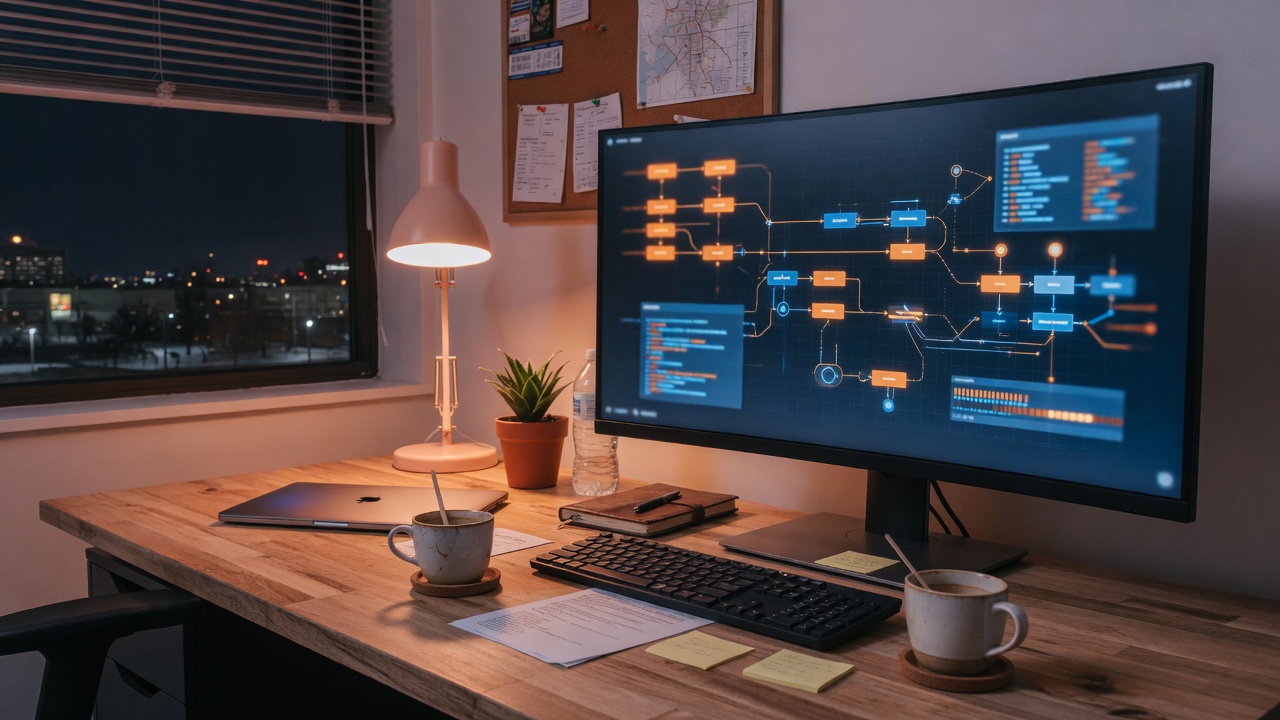 Developer desk at night with agent workflow screens and warm office light. No logos.