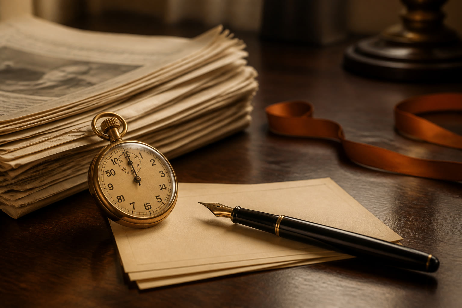 Editorial still life of a brass stopwatch, cream cards, and fountain pen on a walnut news desk