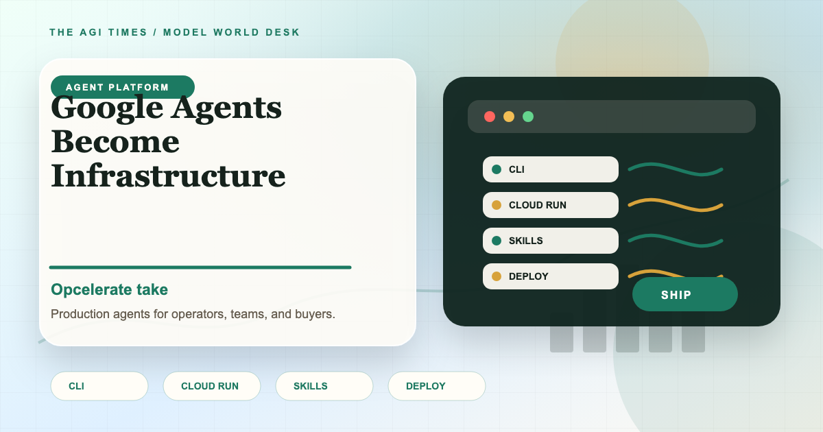 A bright production desk with Google agent lanes, CLI commands, Cloud Run, approvals, and a launch rail moving from local code to production.