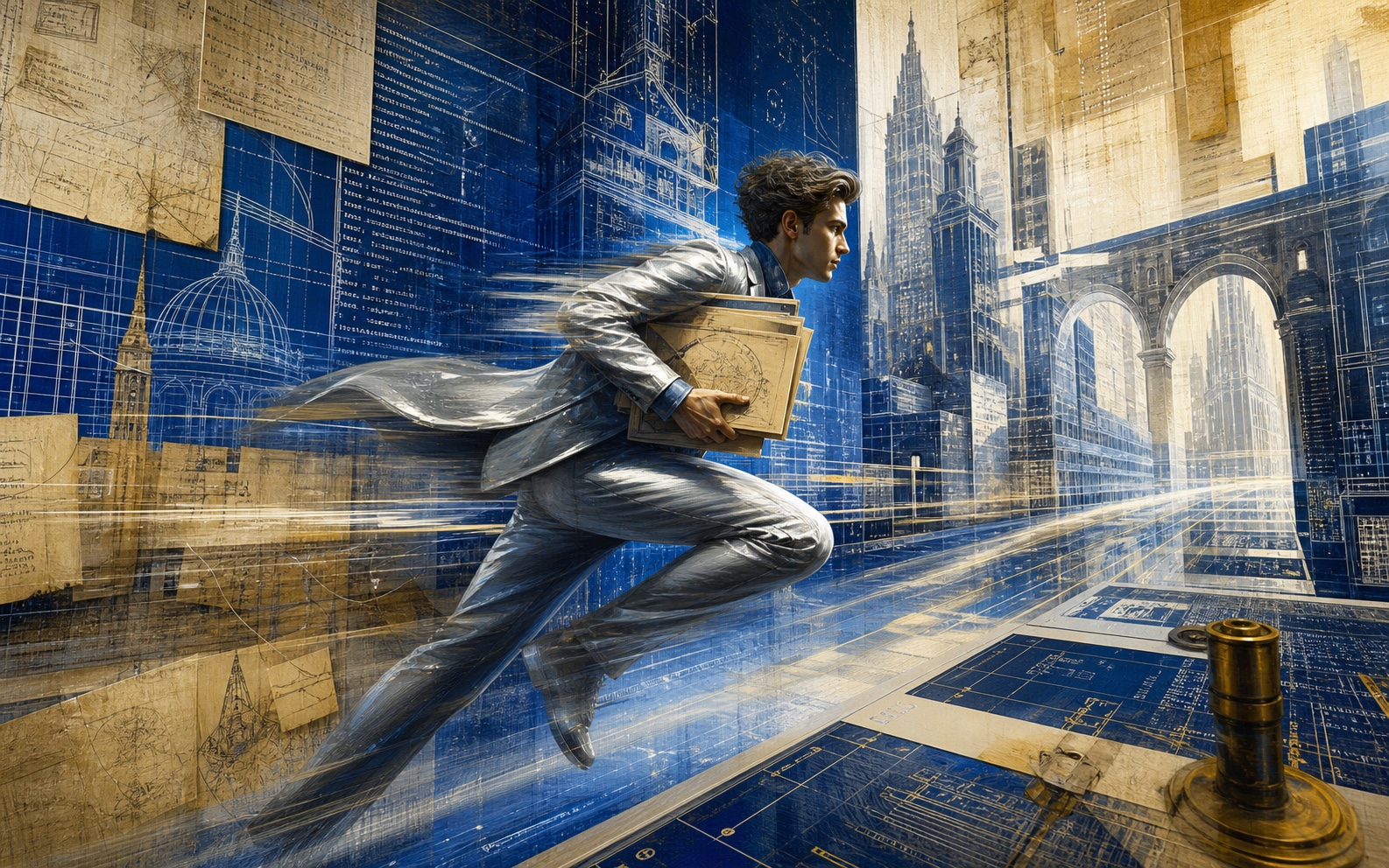 Editorial illustration of a swift messenger travelling through a city of code and blueprints