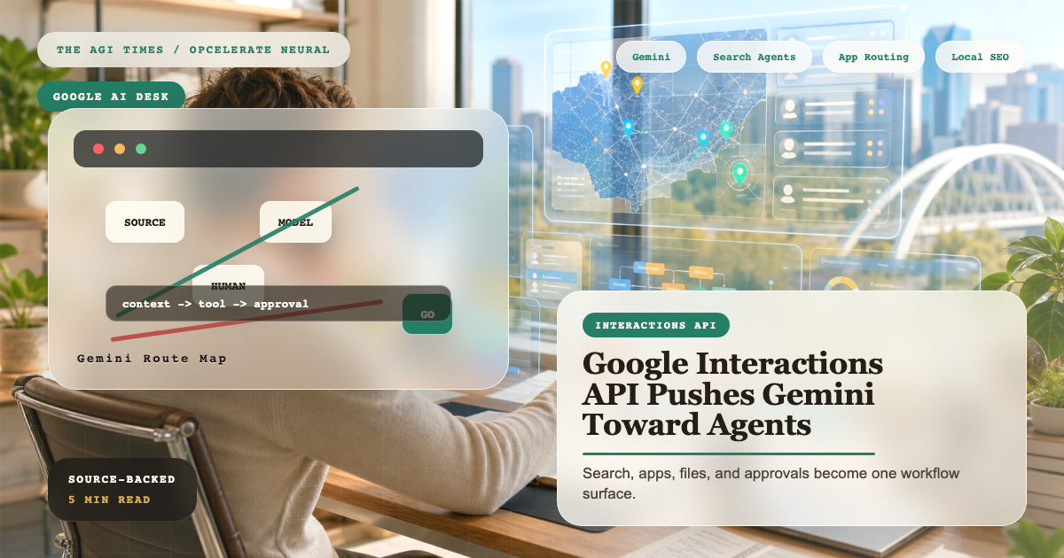 A light Google-style workflow board with search, calendar, code, file, and approval tiles connected by a green Gemini agent route.