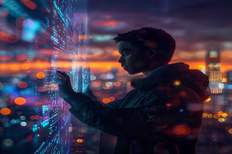 A surreal office where an AI dashboard organizes everyone's work