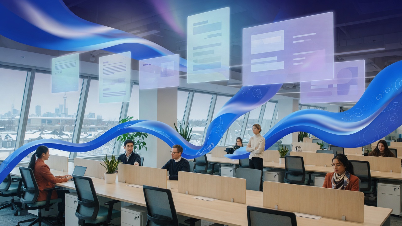 Canadian office workplace with abstract Copilot-style productivity overlays