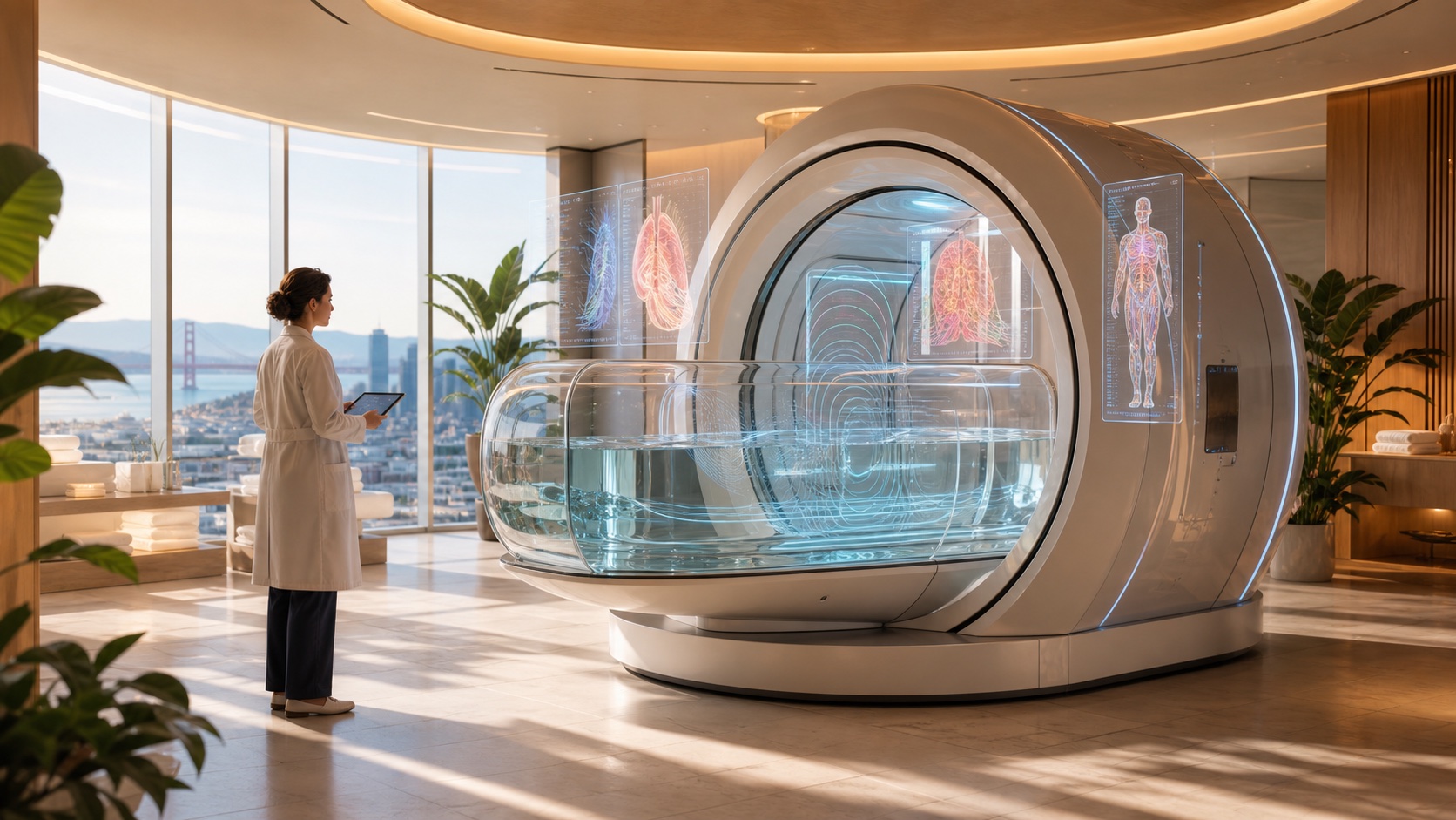 Bright editorial image of a spa-like ultrasonic medical scanner with health data panels