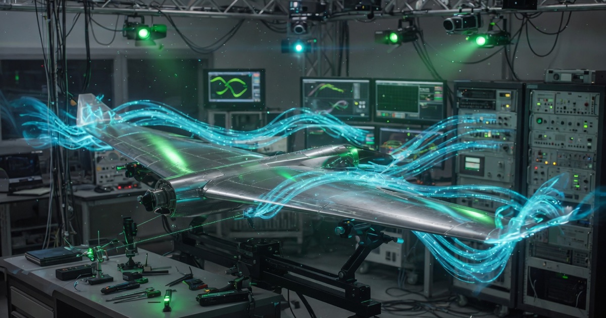 Aerospace digital twin wind-flow visualization with NVIDIA AI physics rails and a 500x speed dial.