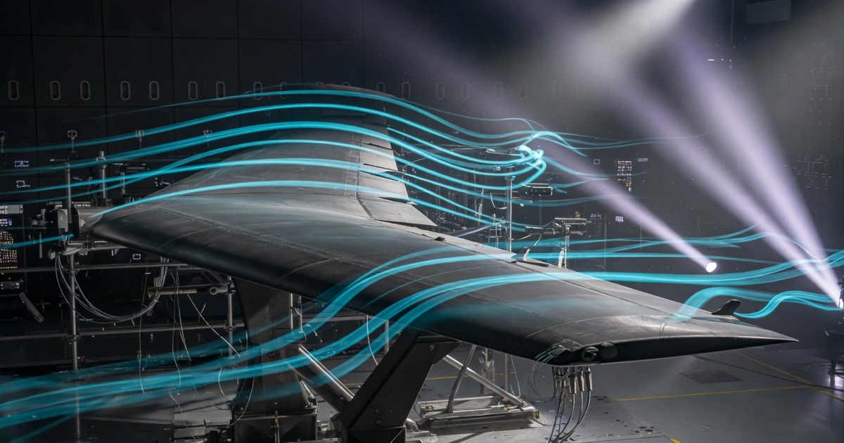 Aircraft wing digital twin with glowing airflow ribbons in a lab.