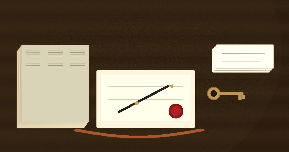 Editorial still life of a sealed cream agreement folder, brass key, and fountain pen on a walnut news desk