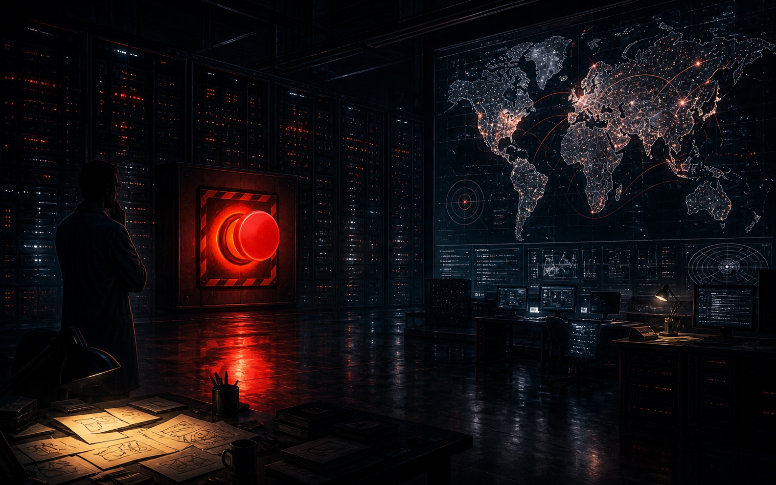 Editorial illustration of a researcher pausing work in a dark AI lab with an illuminated red control