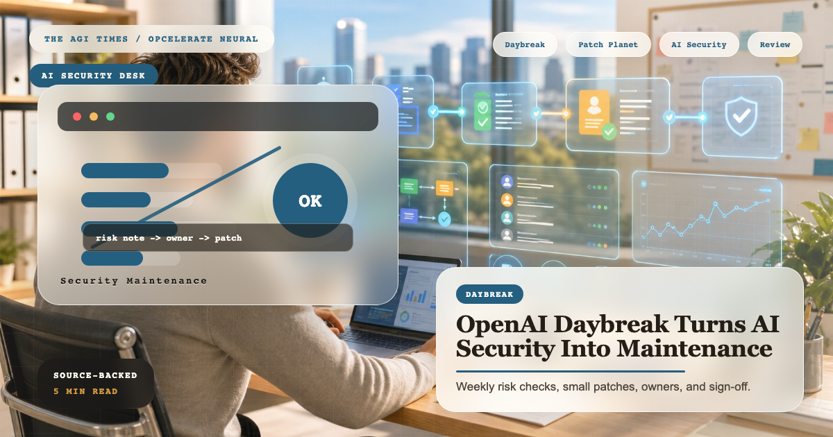 A bright security operations desk with a Daybreak sun, patch cards, vulnerability tickets, and a human approval shield.
