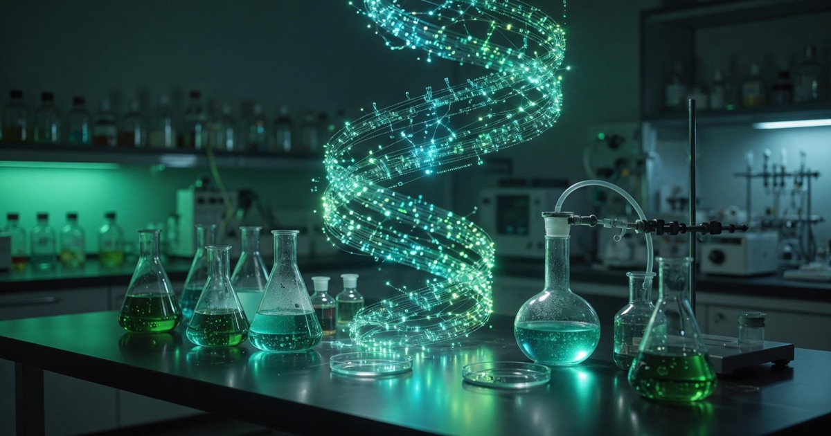 Laboratory glassware with luminous data strands forming a DNA-like helix of light.