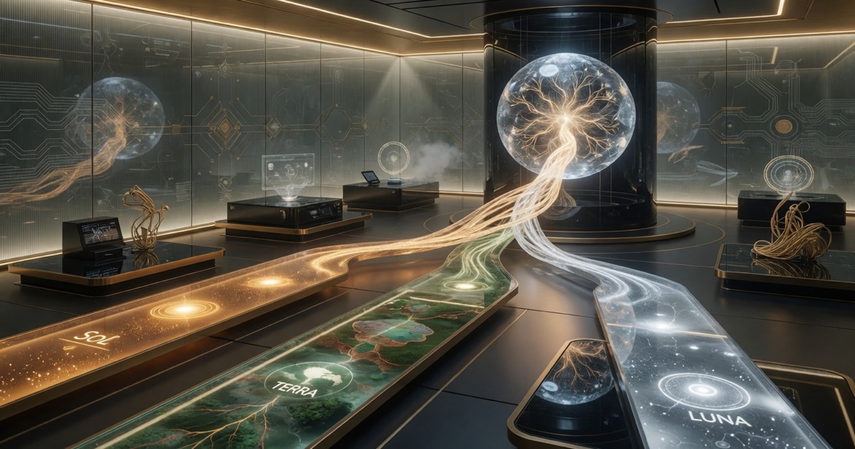 Editorial photo of three luminous AI model lanes converging into a polished intelligence core in a research lab.