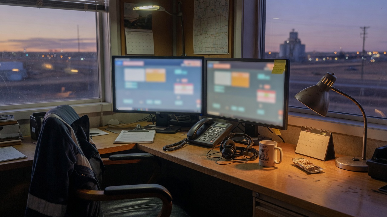 Quiet service-business dispatch desk at dusk with a headset and two screens. No logos.
