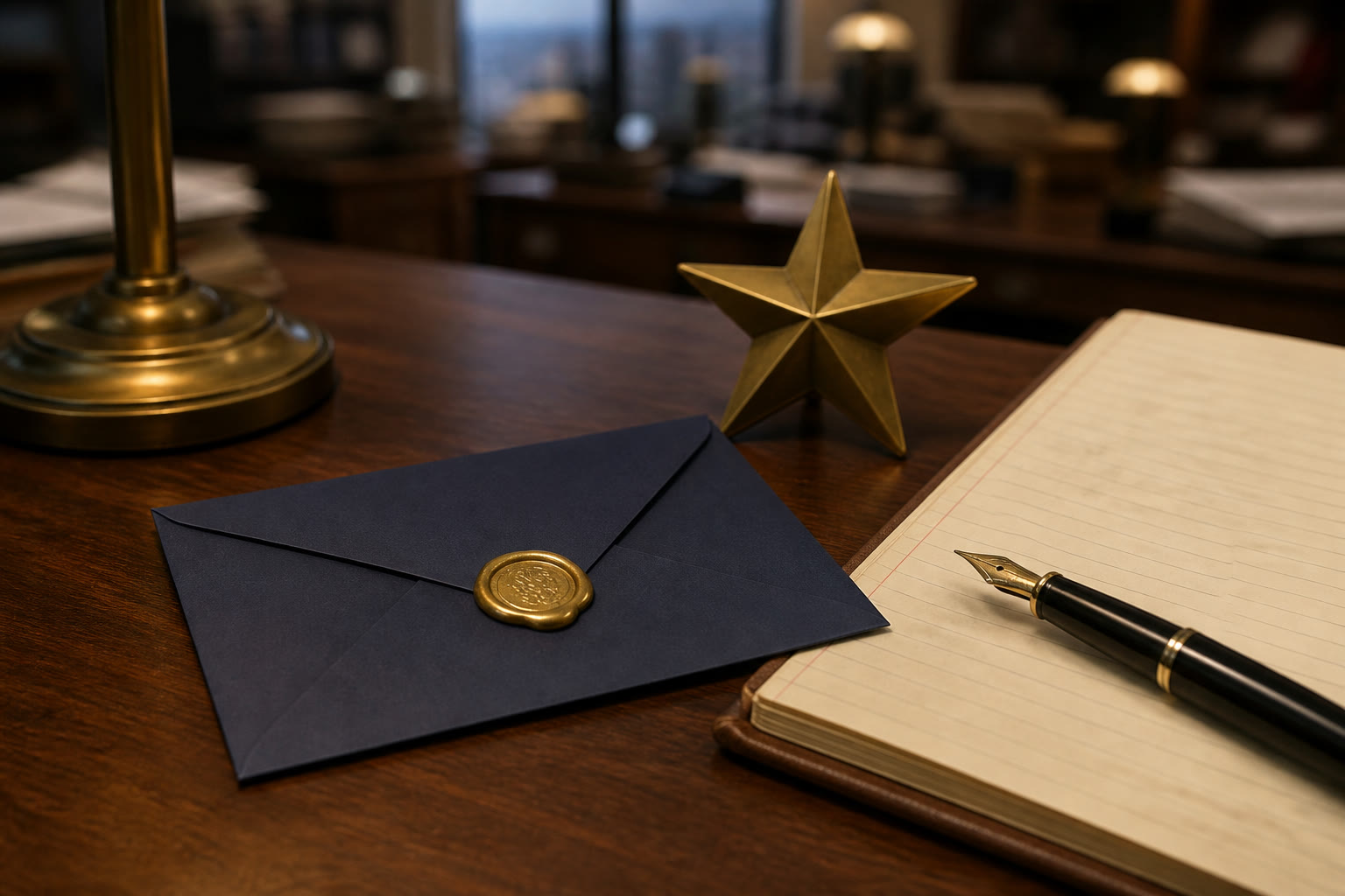 Editorial still life of a sealed navy envelope, brass star, and fountain pen on a walnut news desk