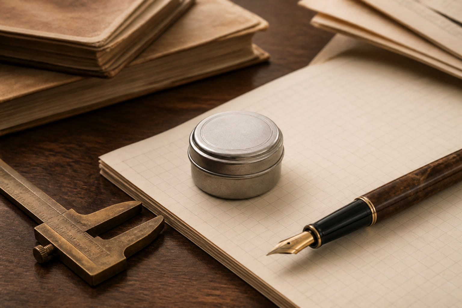 Editorial still life of a labeled accelerator wafer and brass calipers on a walnut news desk