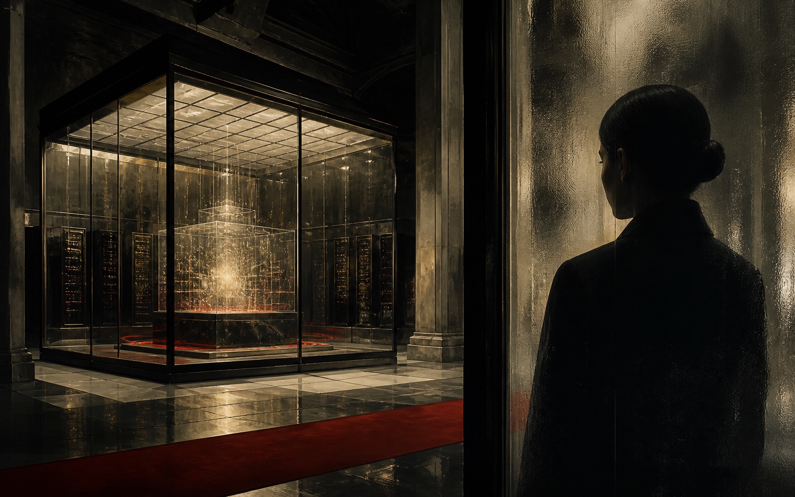 Editorial illustration of encrypted data held behind glass in a guarded server hall