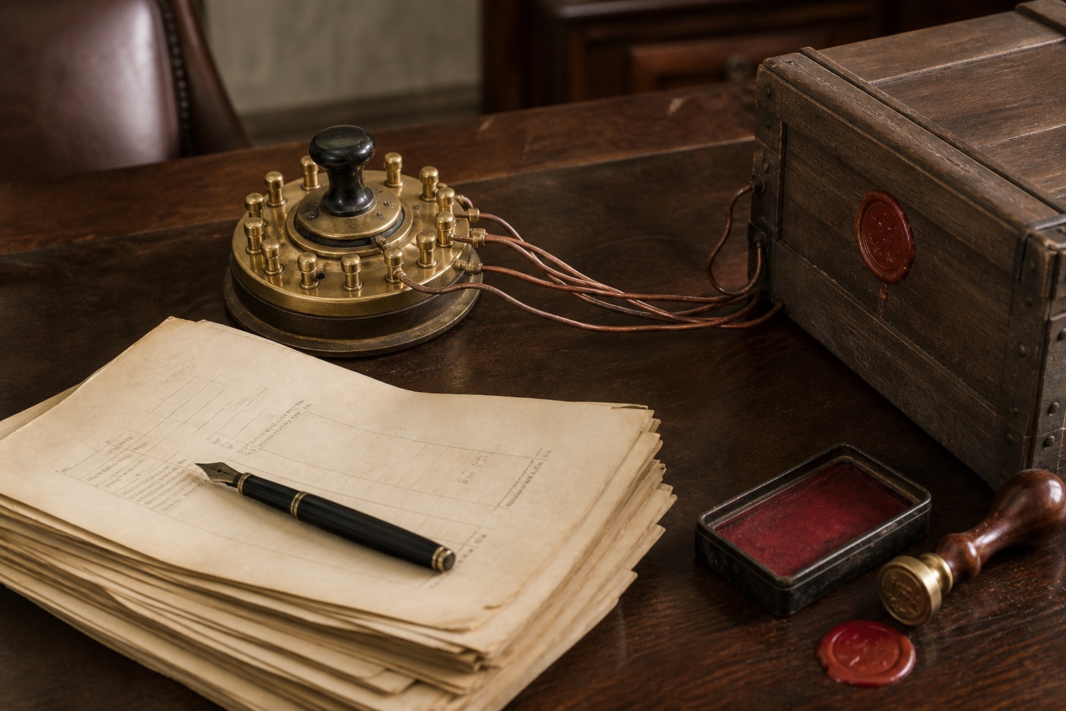 Editorial still life of a brass routing switch, sealed crate, and crimson wax on a walnut news desk