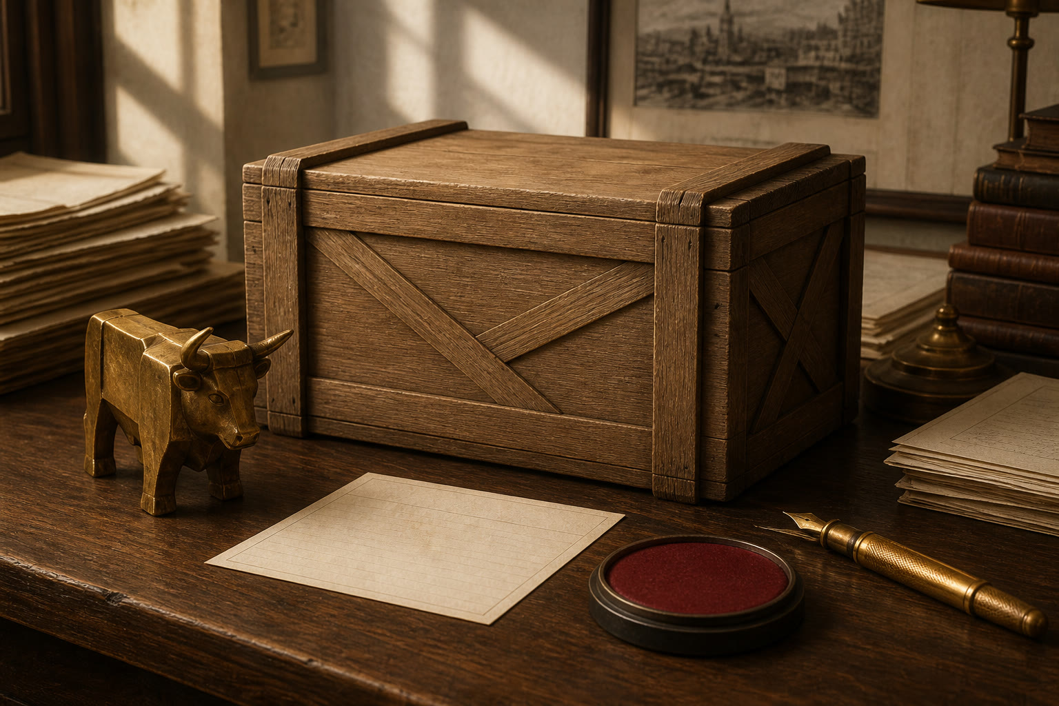 Editorial still life of a sealed crate, a small ox figurine, and a crimson ink pad on a walnut news desk