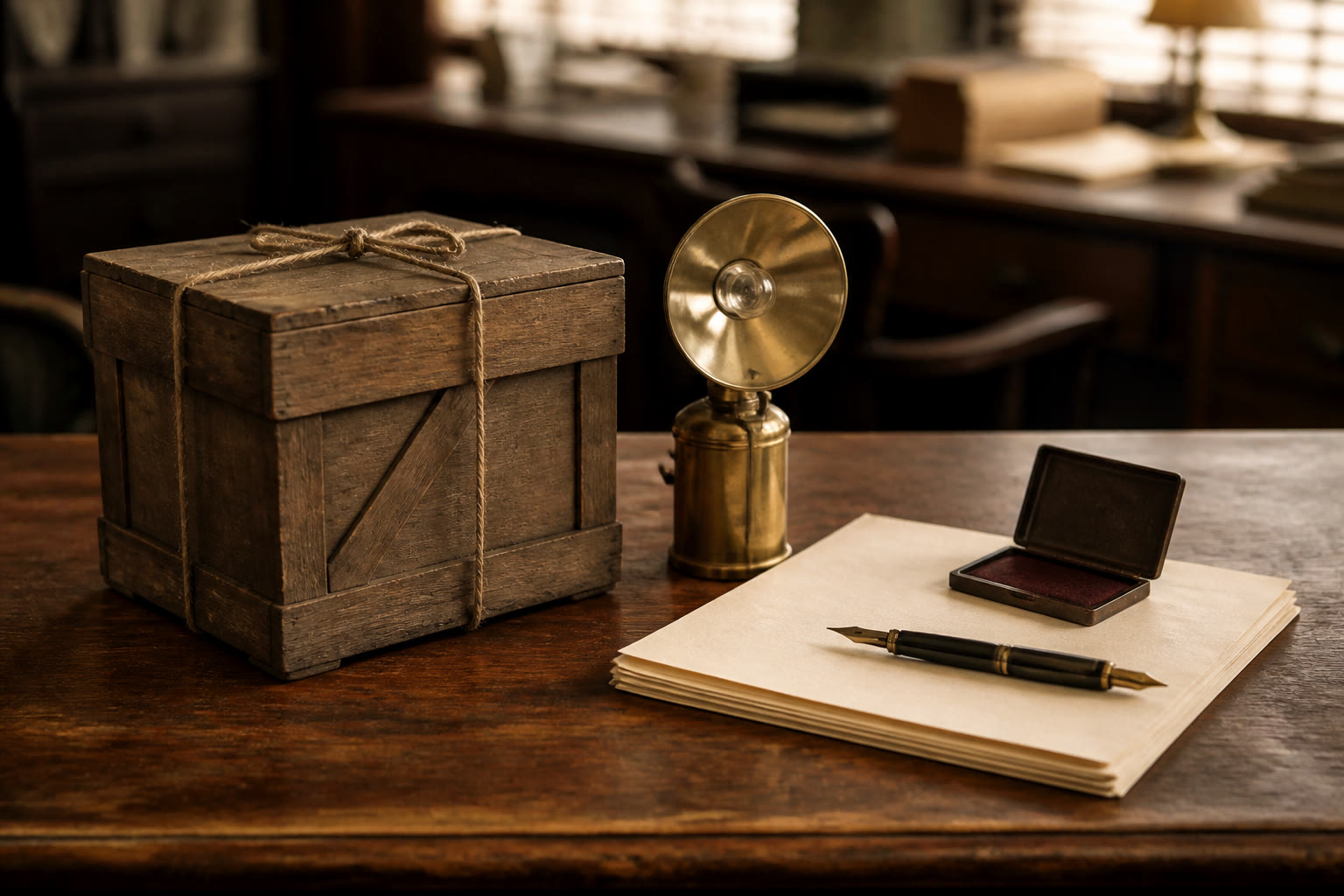 Editorial still life of a sealed crate, brass lamp, and crimson ink pad on a walnut news desk