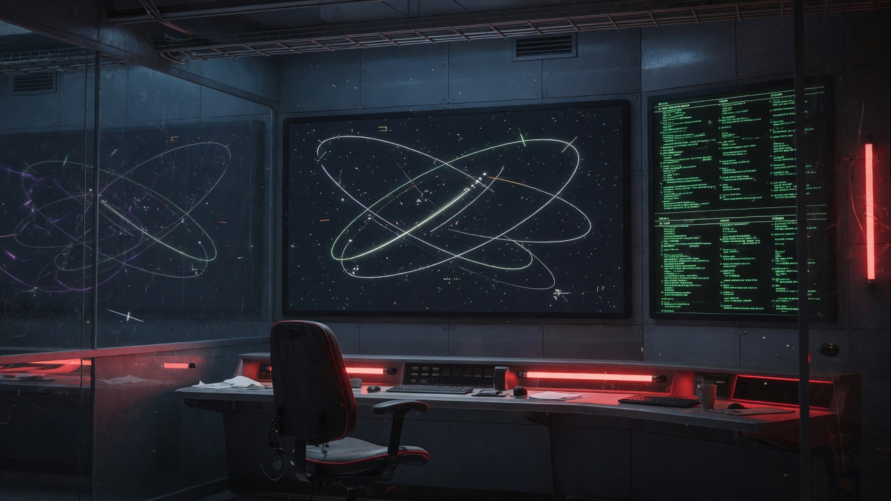 Dim engineering room with orbital tracks and a coding terminal glow. No logos.