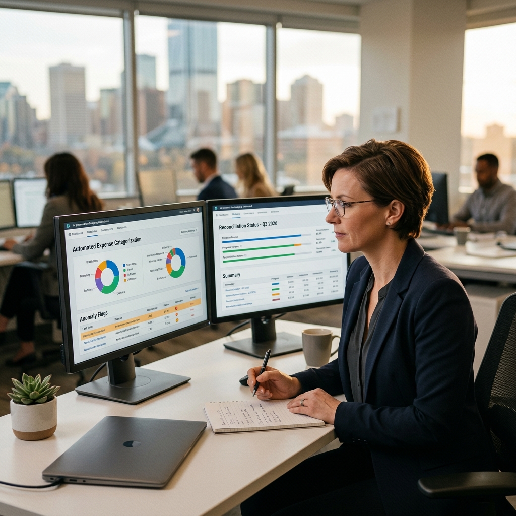 Edmonton accountant reviewing AI bookkeeping dashboard