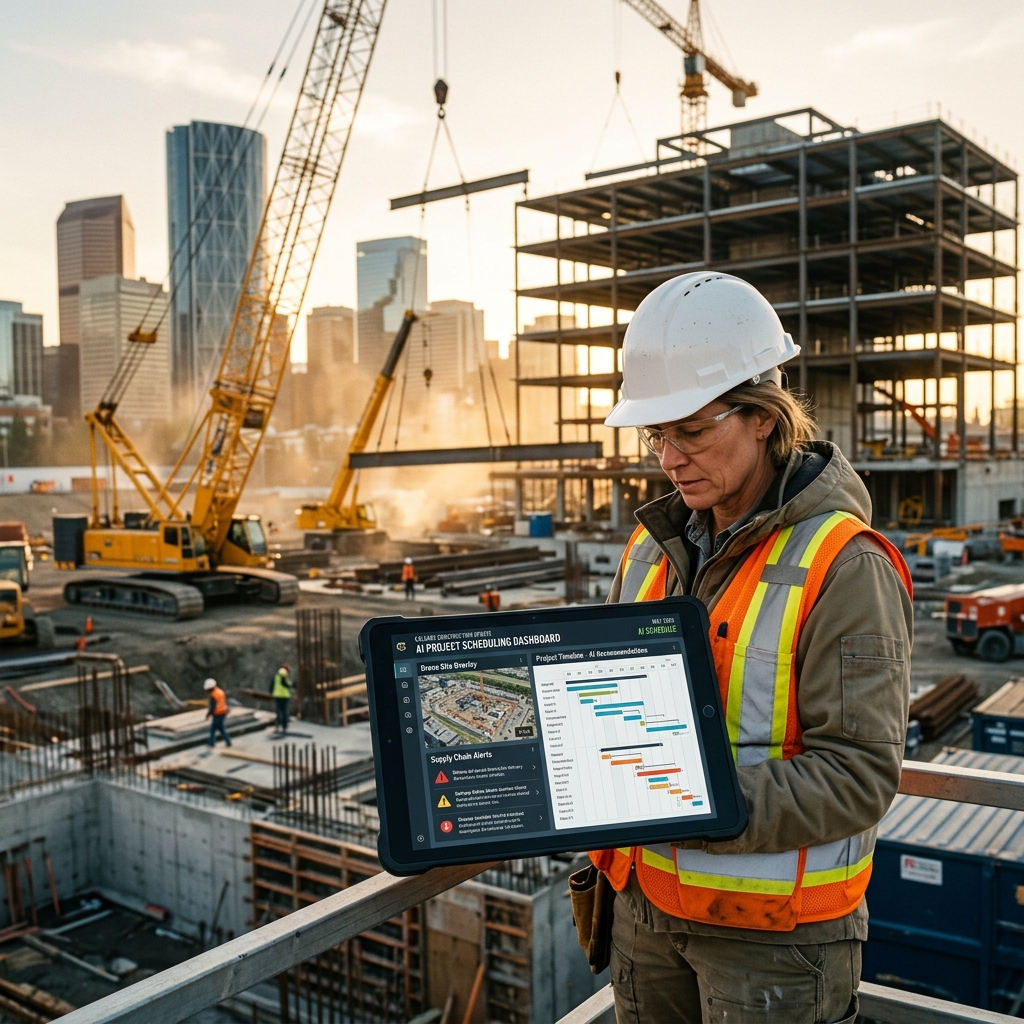 Calgary construction site foreman with AI scheduling dashboard