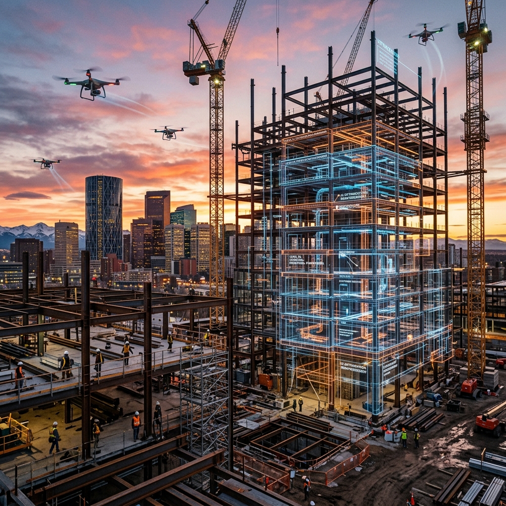 Construction site with glowing AI blueprints