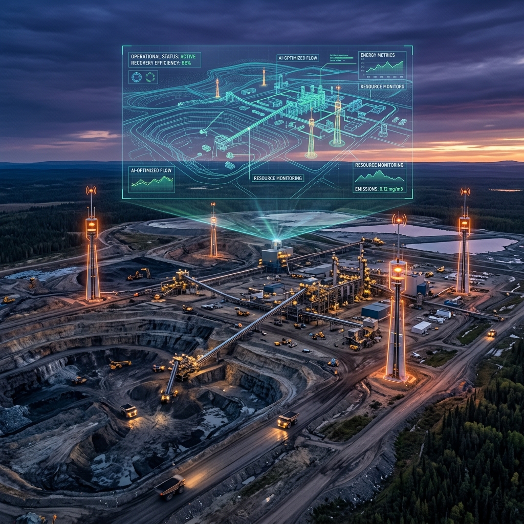 Alberta oil sands facility with AI digital twin overlay