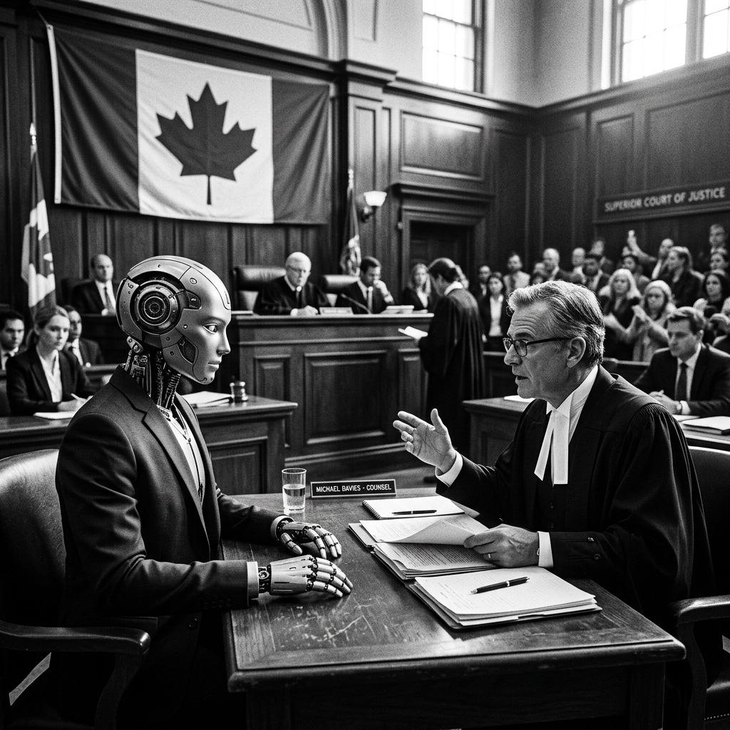 AI robot and lawyer in Canadian courtroom