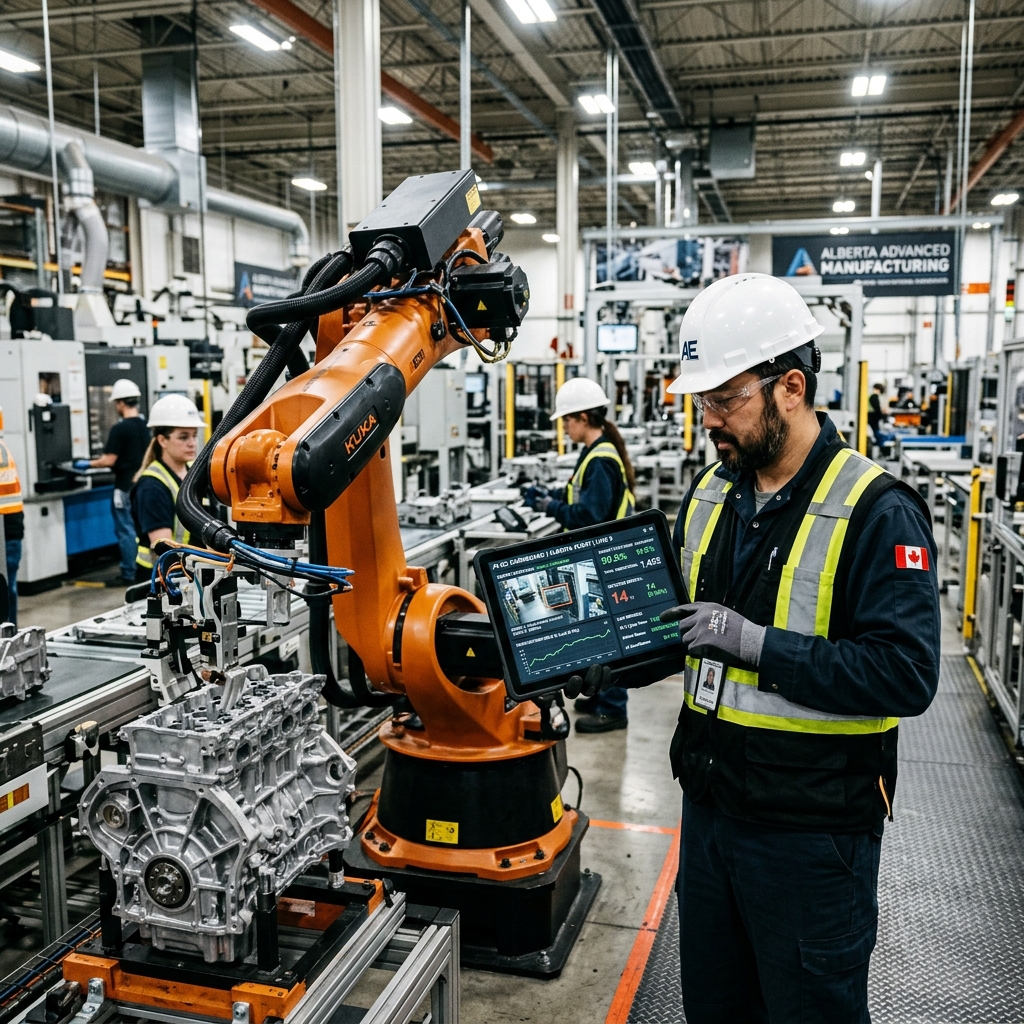 Alberta manufacturing plant engineer with AI quality control dashboard