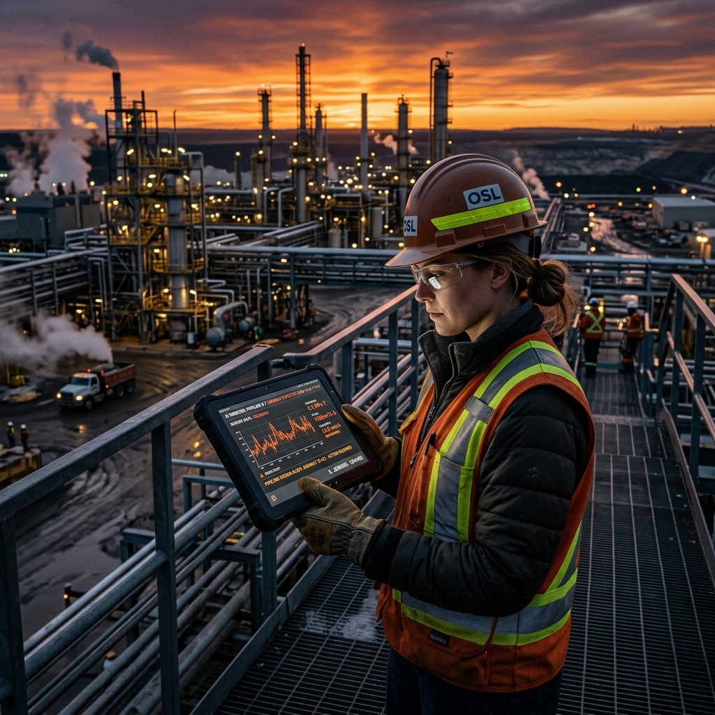 Alberta oil sands engineer with AI predictive maintenance dashboard